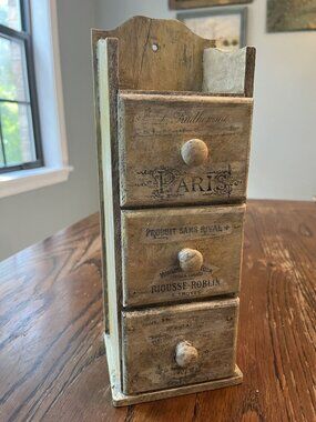 French Wooden Distressed 3-Drawer Storage Box With Parisian Script Design Rustic